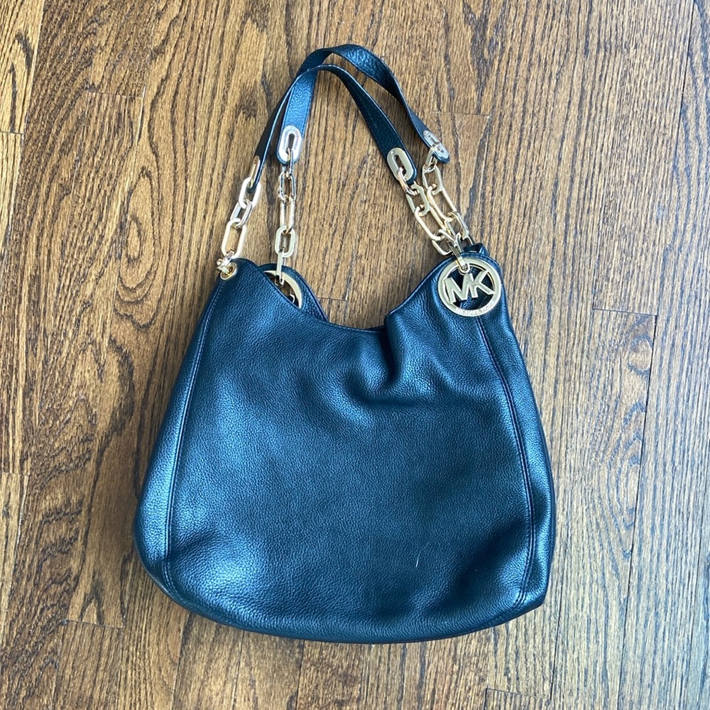 Michael Kors black pebbled leather shoulder bag with gold chain